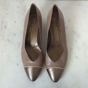 BRUNO MAGLI - two tone taupe heels w gold detail